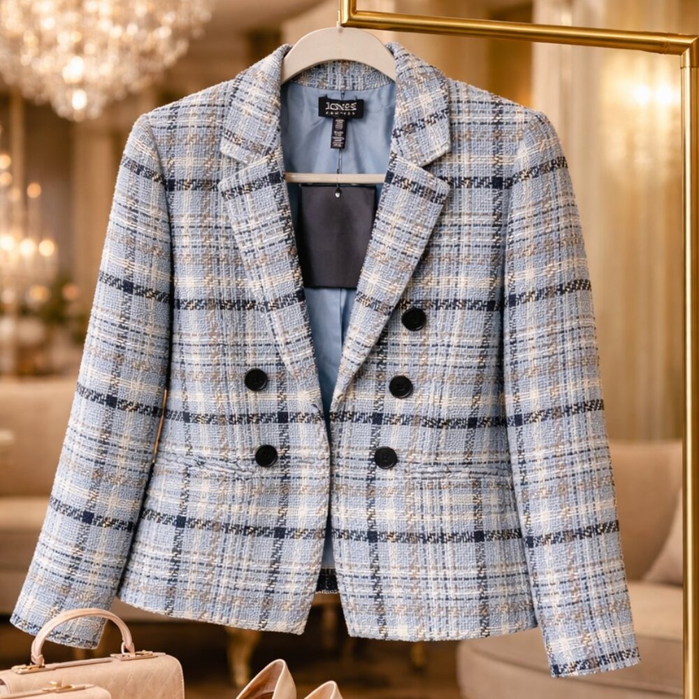 Jones New York Plaid Tweed Blazer NWT Petite Small Blue Jacket Open Front - Picture 5 of 13